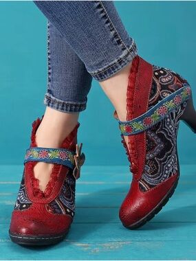 Socofy Floral Leather & Tapestry Ankle Bootie Pumps EU Size 41/US 10